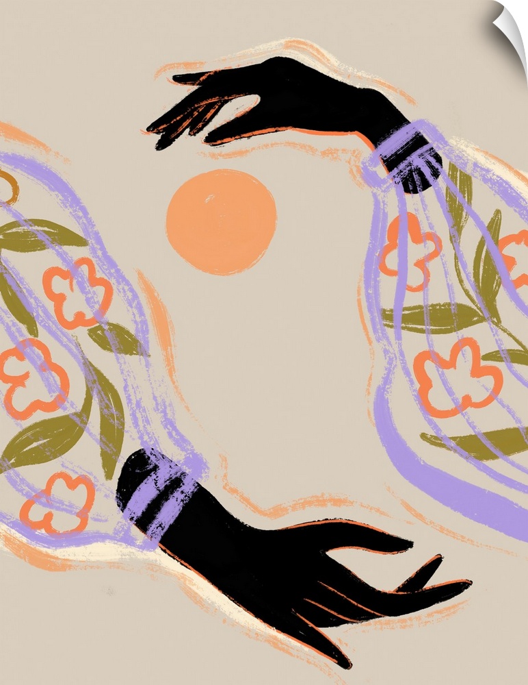 A contemporary illustration of two dark black hands in flowery sleeves around an orange orb representing the sun