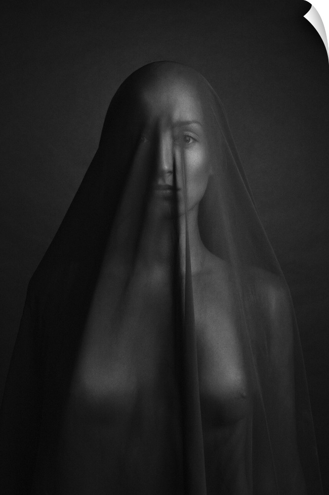 A nude woman under a sheer cloth against a dark background.