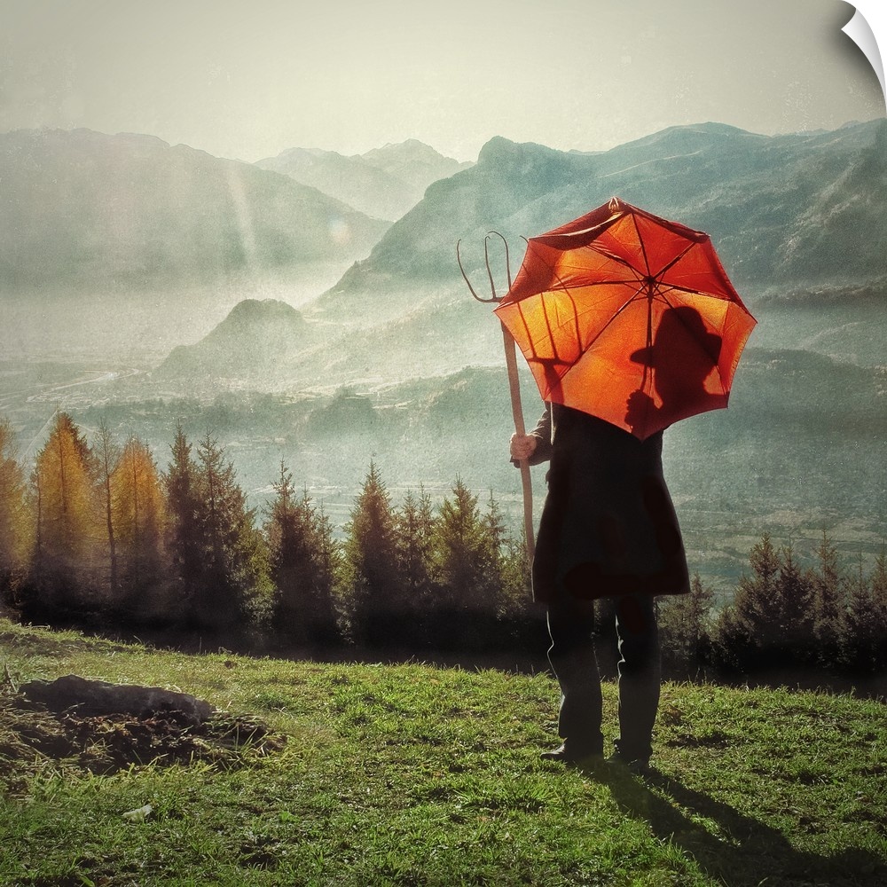 A farmer with a pitchfork and an orange umbrella looking over the Swiss Alpine landscape.