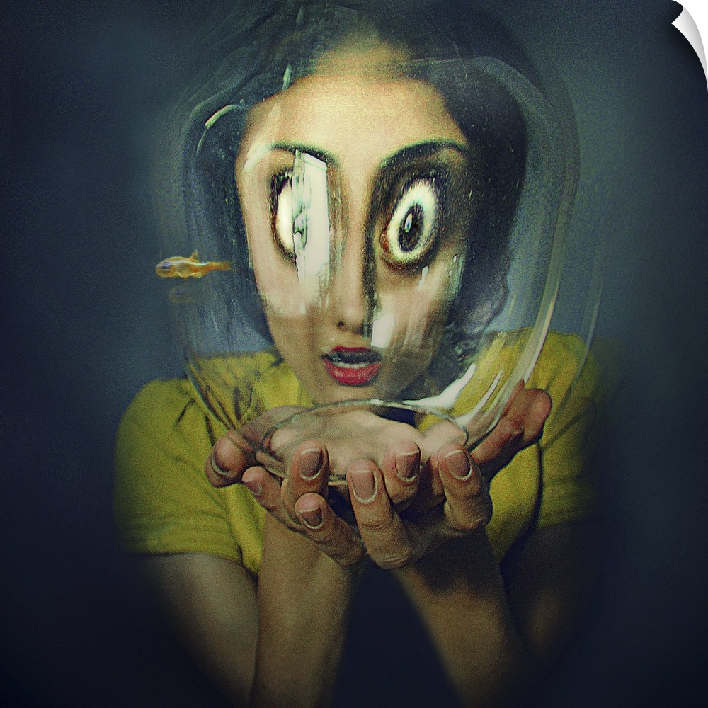 Humorous image of a woman looking into a fishbowl, the glass distorting the appearance of her face.