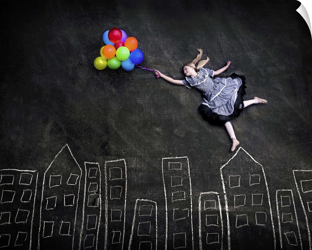 Conceptual image of a girl holding a bunch of colorful balloons appearing to float over a simple chalk skyline.