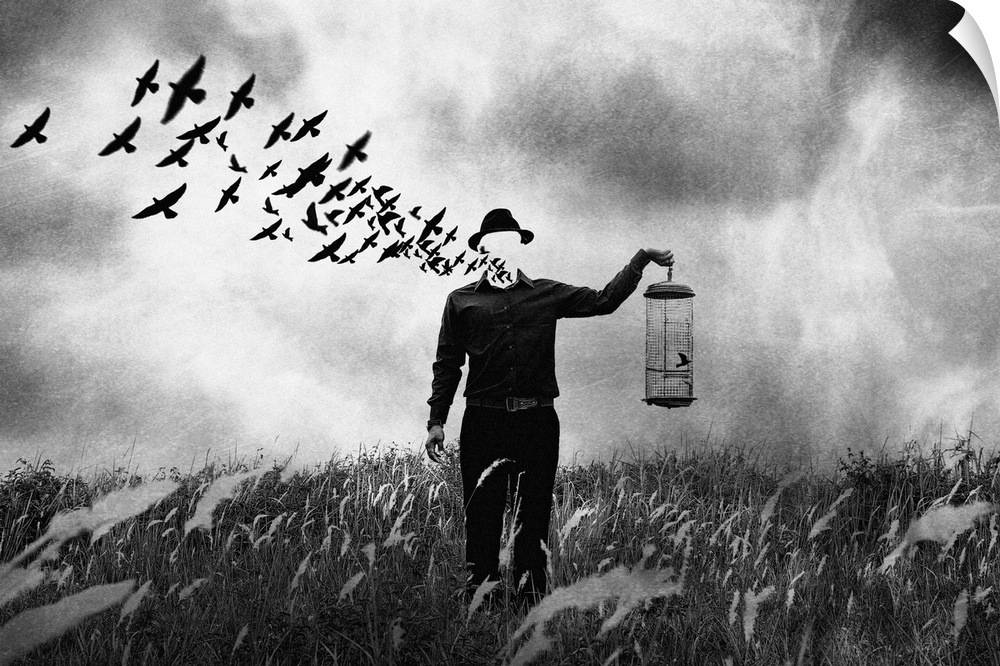 Conceptual photograph of a man standing in a field holding a bird cage with his face dematerializing into birds in flight.