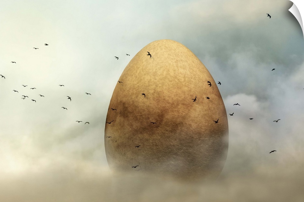 A conceptual photograph of a golden egg being surrounded by flying birds.