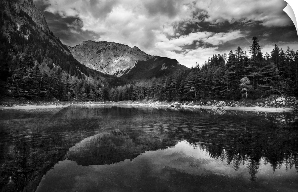 A black and white photograph of a wilderness scene with a mountain range and forest reflecting in the lake below.