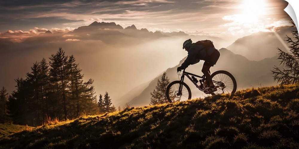 A silhouetted mountain bike rider seen in the early morning light.