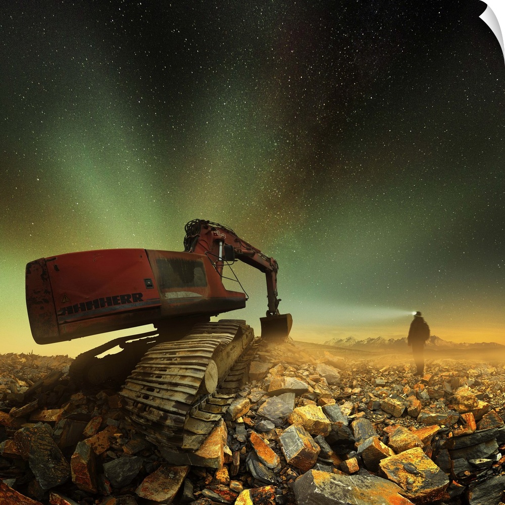 An excavator on a pile of rocks under a starry sky, Slovakia.