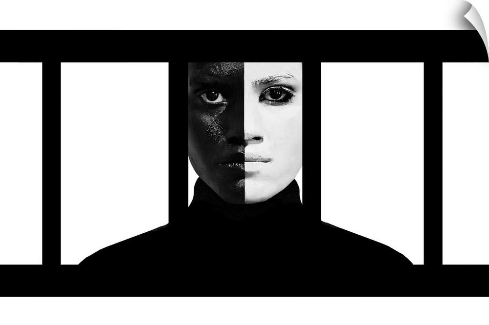 A woman wearing makeup making her face exactly half black and half white, behind vertical bars.