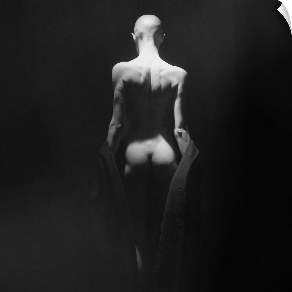 Black and white image of a nude figure with strong lighting highlighting the curves of the body.