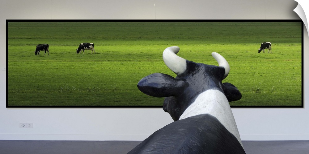 Conceptual image of a cow looking at a framed photo of other cows in a green field.