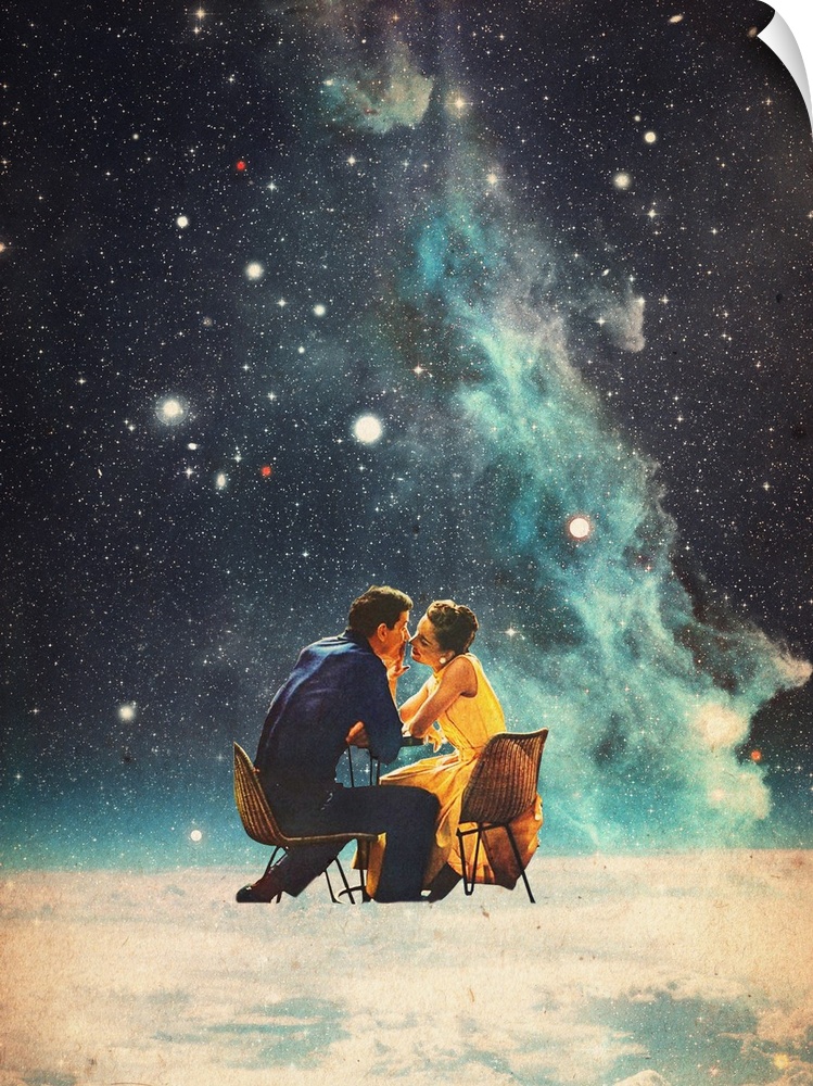 A retrofuturism surrealist collage featuring a couple kissing beneath a space nebula