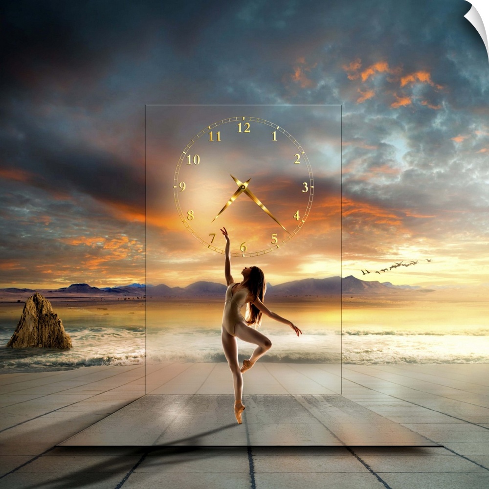 Conceptual image of a ballet dancer in front of a translucent clock with the ocean in the background.