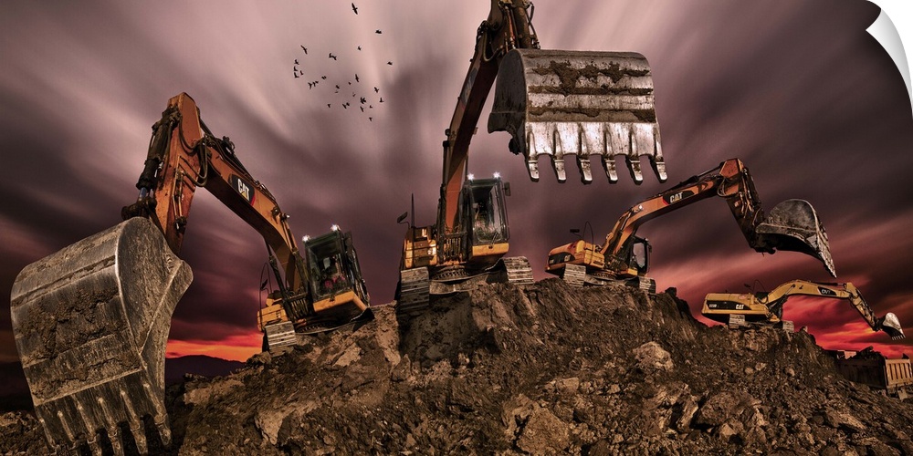 Four excavators digging in a pile of dirt, with a cloudy sky above.