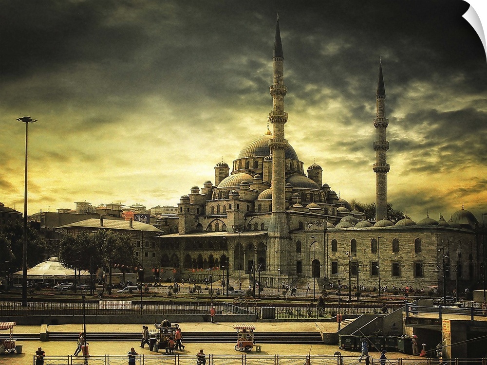 Fine art photo of the Sultan Ahmed Mosque in Istanbul, Turkey, with dark clouds overhead.