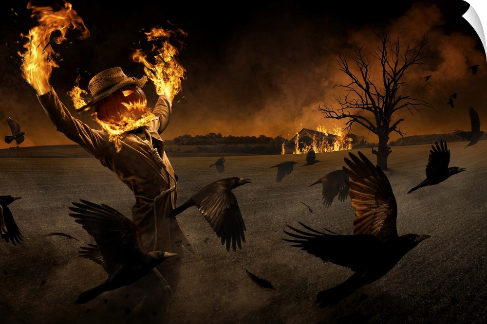 A scarecrow with a Jack-o-Lantern for a head and flames coming out of its body scares away a flock of ravens.