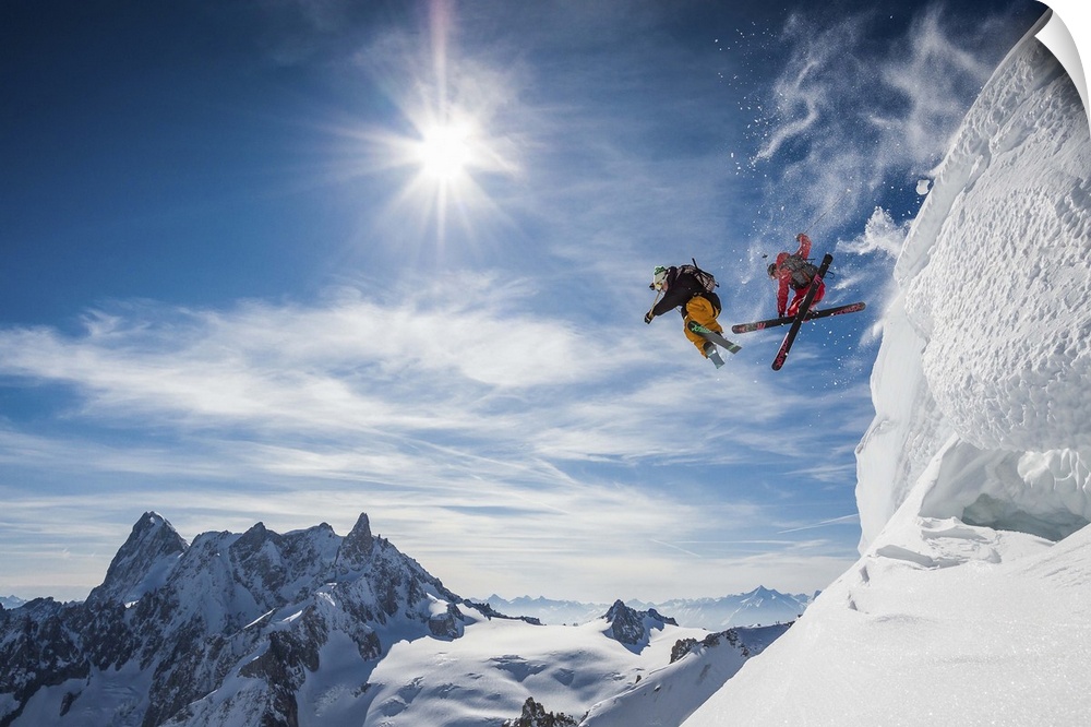Candide Thovex and Guerlain Chicherit jumping a cliff in the Vallee blanche with its stunning scenery. Chamonix, Haute Sav...