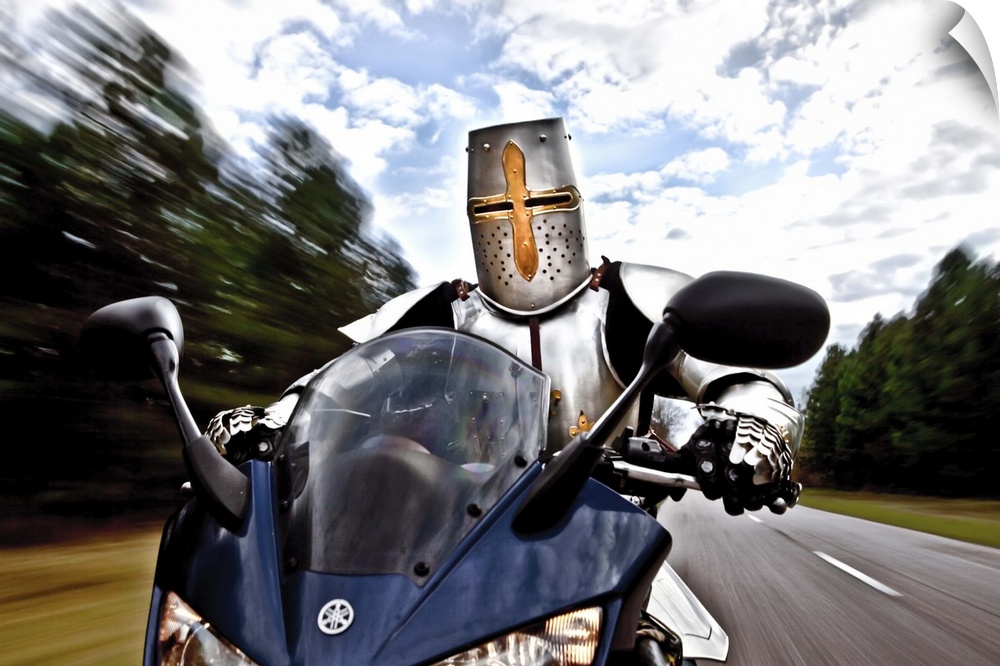 Conceptual image of a knight wearing a suit of armor driving a motorcycle.