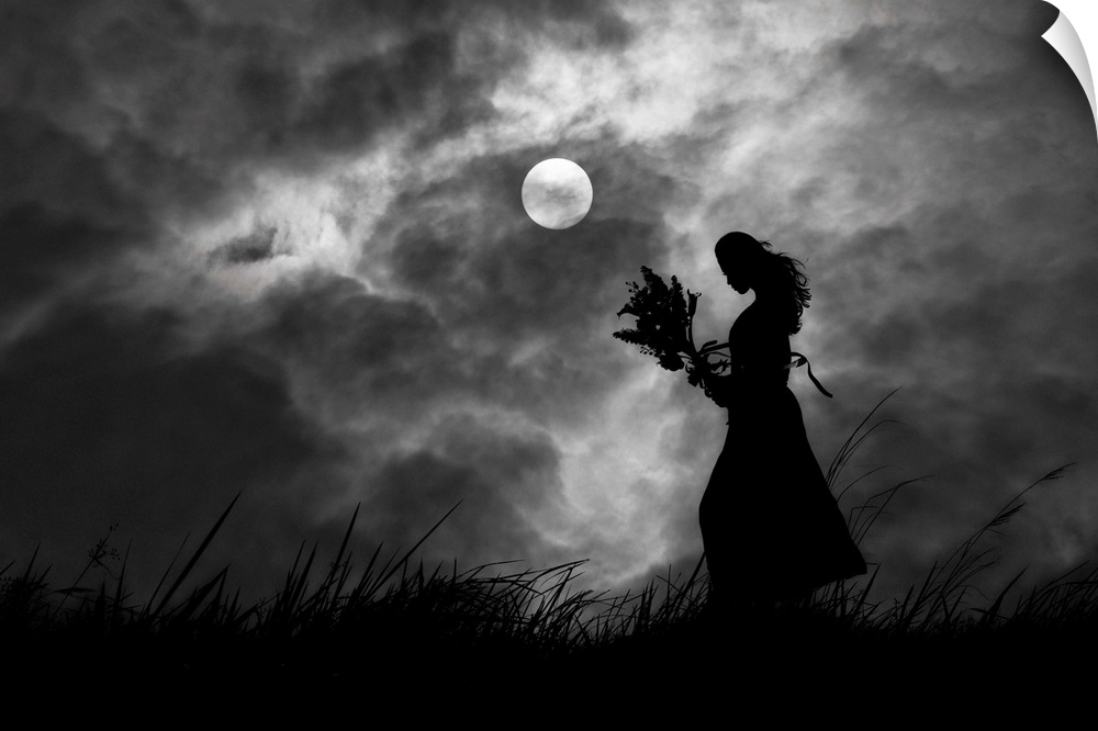 Silhouette of a woman holding a bouquet of flowers in a field, in the moonlight.