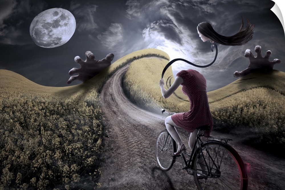 Conceptual image of a woman on a bicycle in a dreamscape.