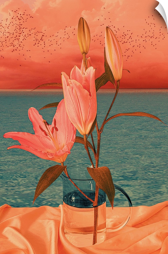 A surreallist illustration of a stem of stargazer lilies in a glass jug, in front of a body of water with a flock of birds...