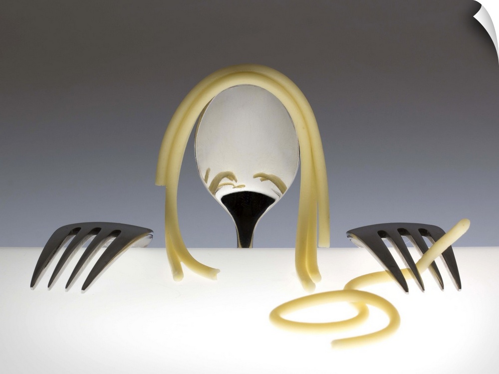 Conceptual image of a spoon and two forks resembling a person, playing with spaghetti.