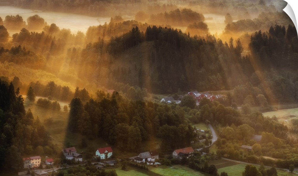 A photograph of Polish countryside landscape bathed in early morning light.