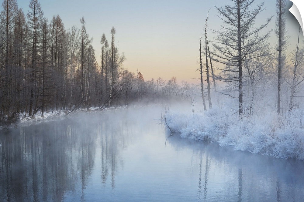 Misty river on a winter morning near Changbai Mountain, China.