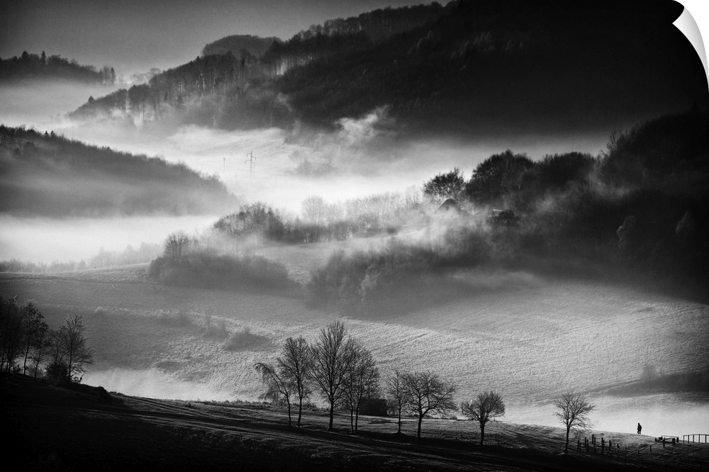 Black and white image of a foggy valley in the morning.