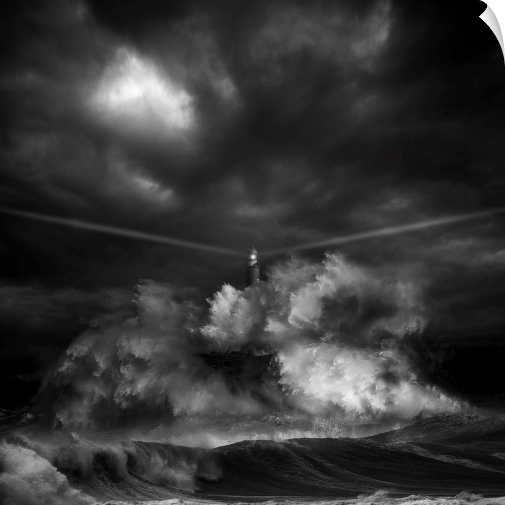 A black and white photograph of a lighthouse with light beaming from it's sides while a massive wave crashes against it.