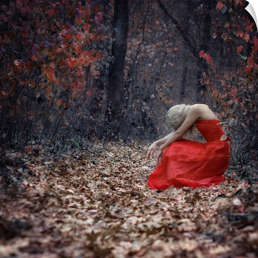 A portrait of a woman with blond hair wearing a red dress, and sitting in a forest surrounded by autumn foliage.