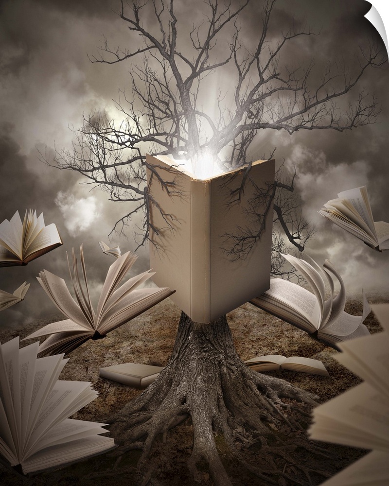 A tree with roots is reading a story with books floating around it on a brown old landscape.