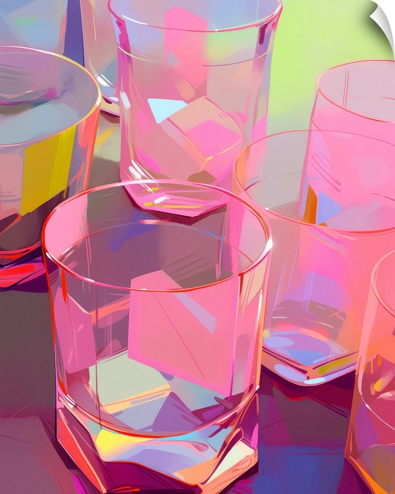 A pop art style illustration of pink rocks glasses on a table. A bright and trendy interpretation of bar art.
