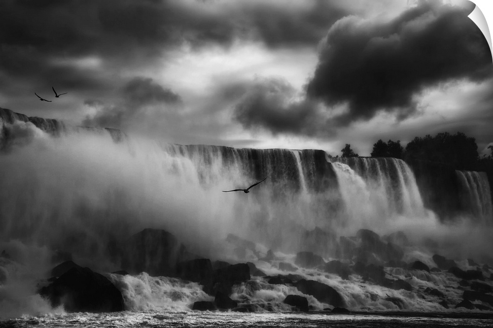 Birds flying over the mist created by Niagara Falls in New York.