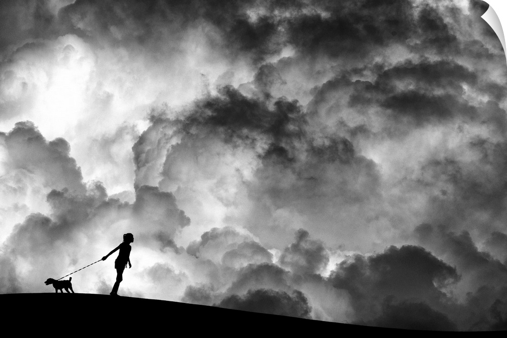 A girl holding a dog on a leash in silhouette against a background of dramatic clouds.