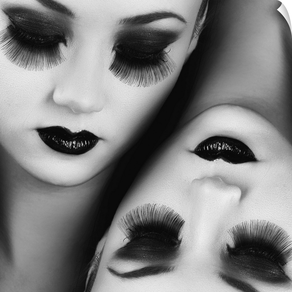 Conceptual image of the heads of two women side by side, each with long eyelashes and dark lipstick.