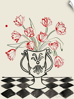 Red Tulips In A Vase With Checkered Diamonds