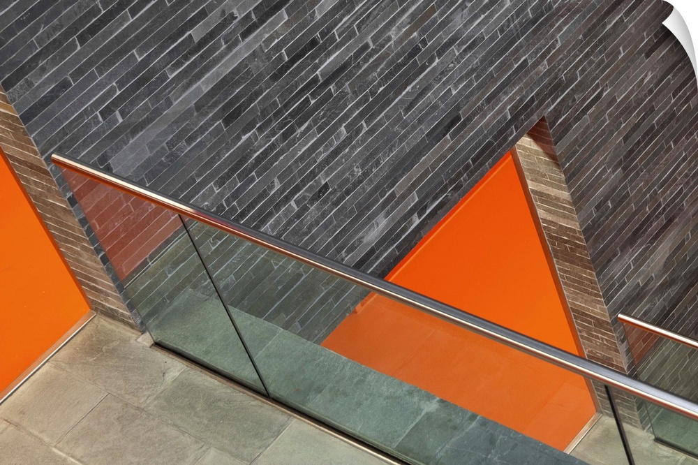 Abstract image of the brick walls and orange floors of a museum in Hilversum, Netherlands.