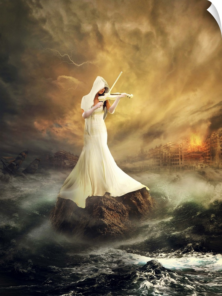 Conceptual image of a woman in white playing a violin on a rock in a stormy sea.