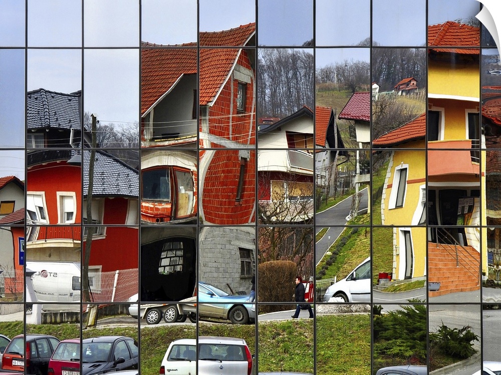 Images of colorful buildings reflected in a window grid, creating a patchwork pattern.