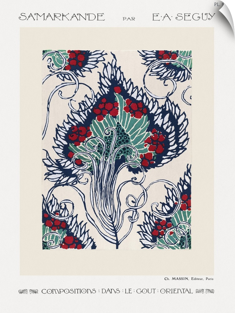 Botanical pochoir pattern in Art Nouveau oriental style.
