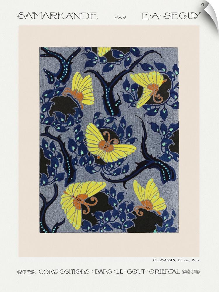 Butterfly pochoir pattern in Art Nouveau oriental style.