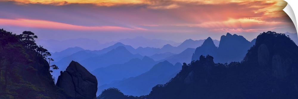 Beautiful, colorful panoramic landscape of Mount Sanqing, China at sunset.