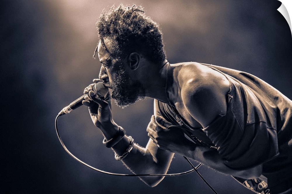 Saul Williams performing on stage at Musiques en Stock music festival in Cluses, France.