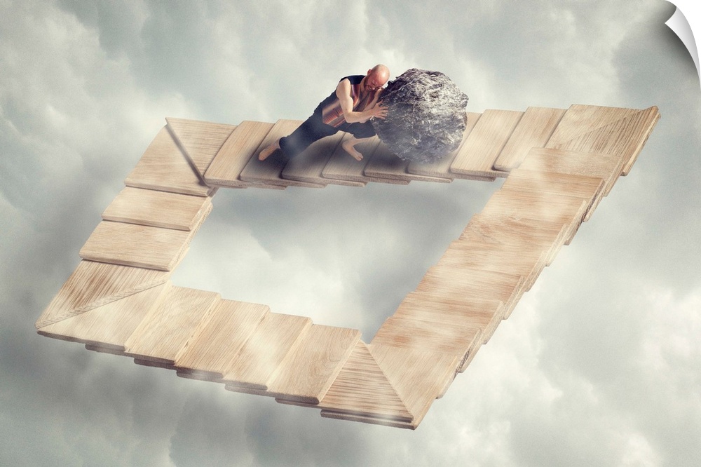 Conceptual image of a man pushing a boulder up a staircase, which appears infinite.