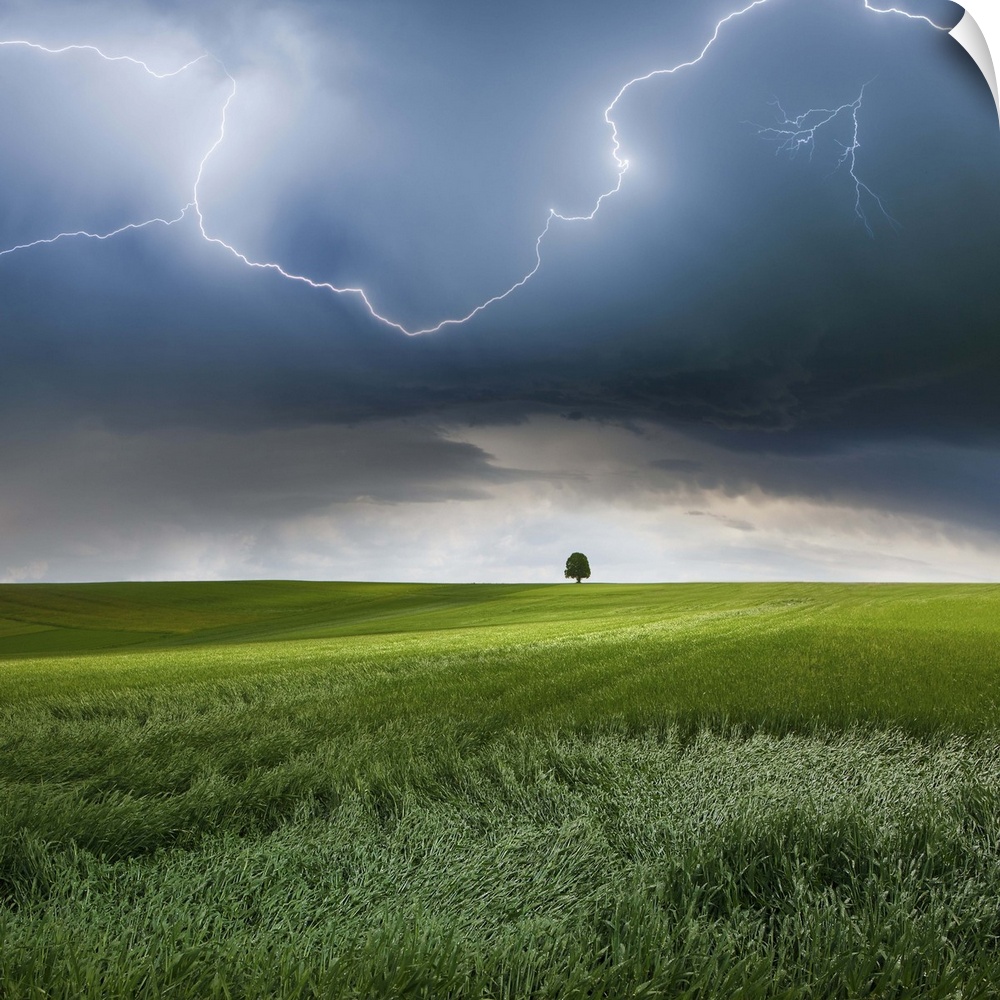A dark storm cloud with lightning bolts over a field in the Swabian Jura region of Germany.