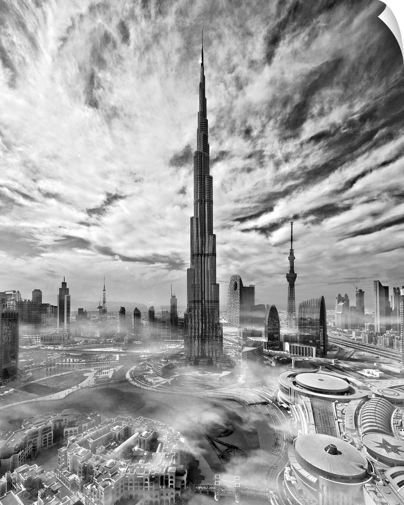 A black and white photograph of the Burj Khalifa in Dubai.