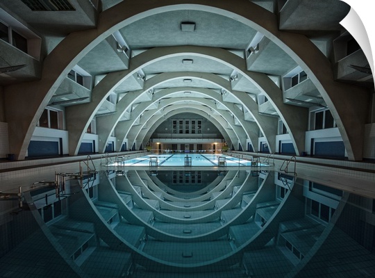 An indoor pool with elaborate cement arches, Germany.