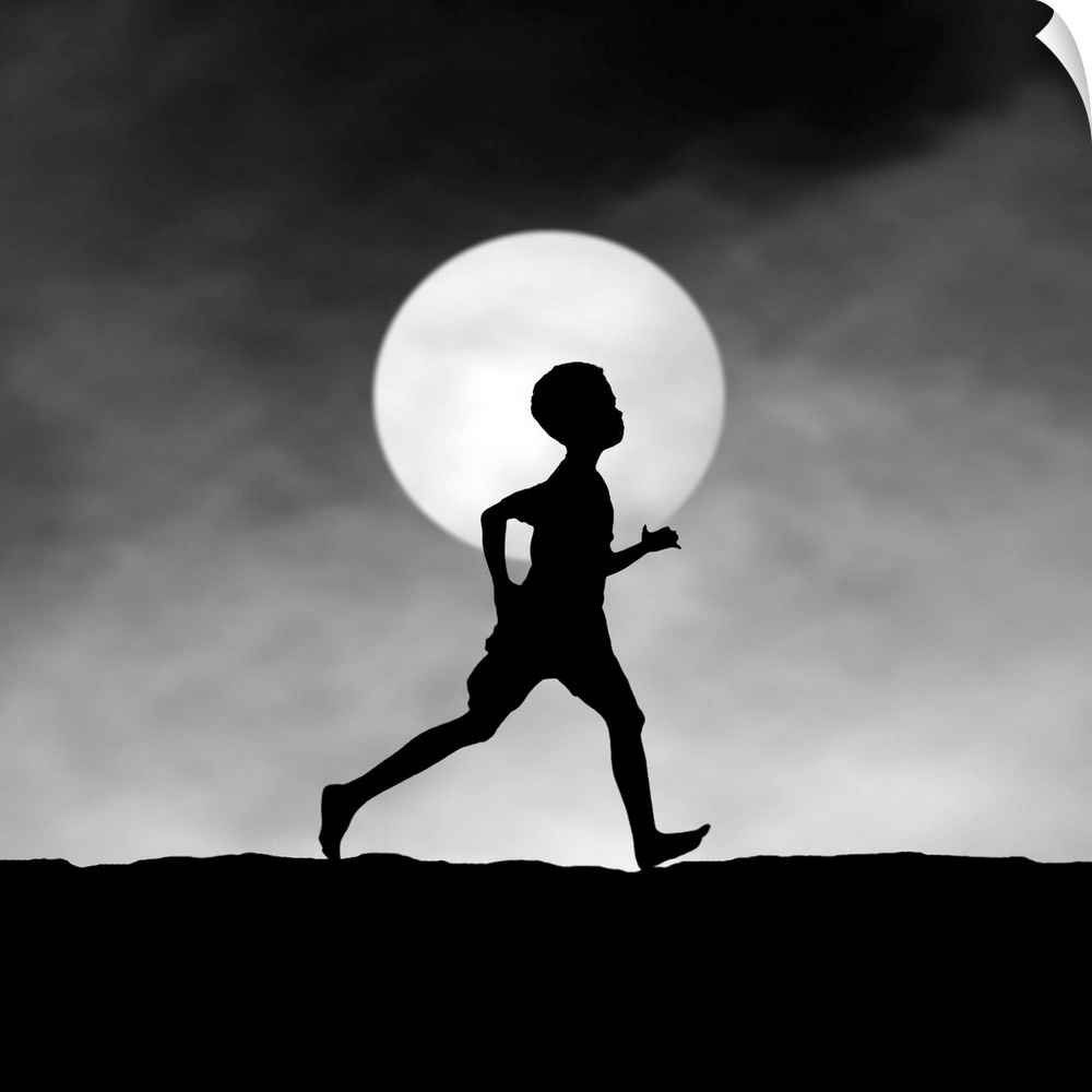 Silhouette of a boy running at night, in front of the full moon.
