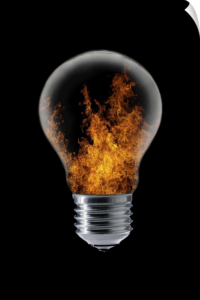 Conceptual image of a lightbulb with flames inside.