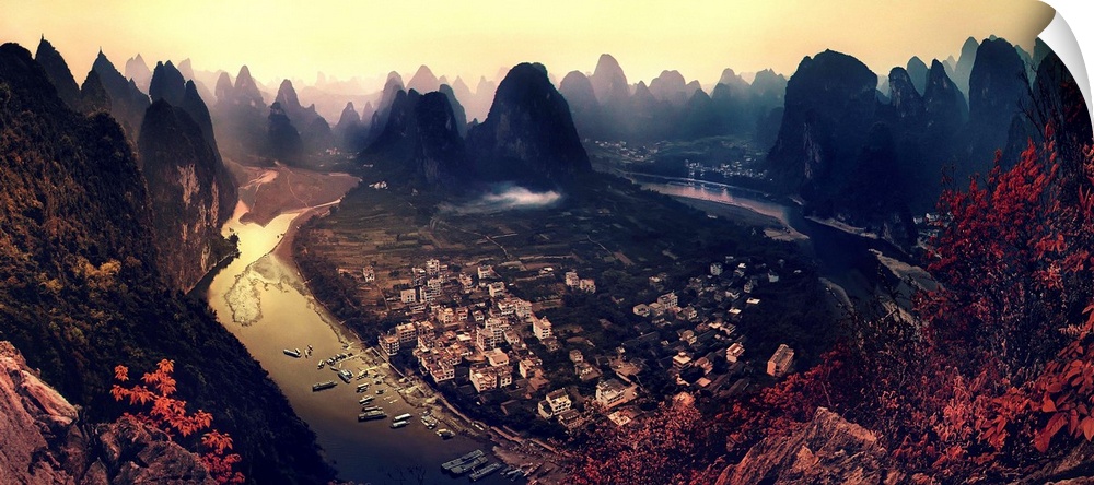 A dynamic and intense photograph of a view of the Karst mountains in Guangxi, China.