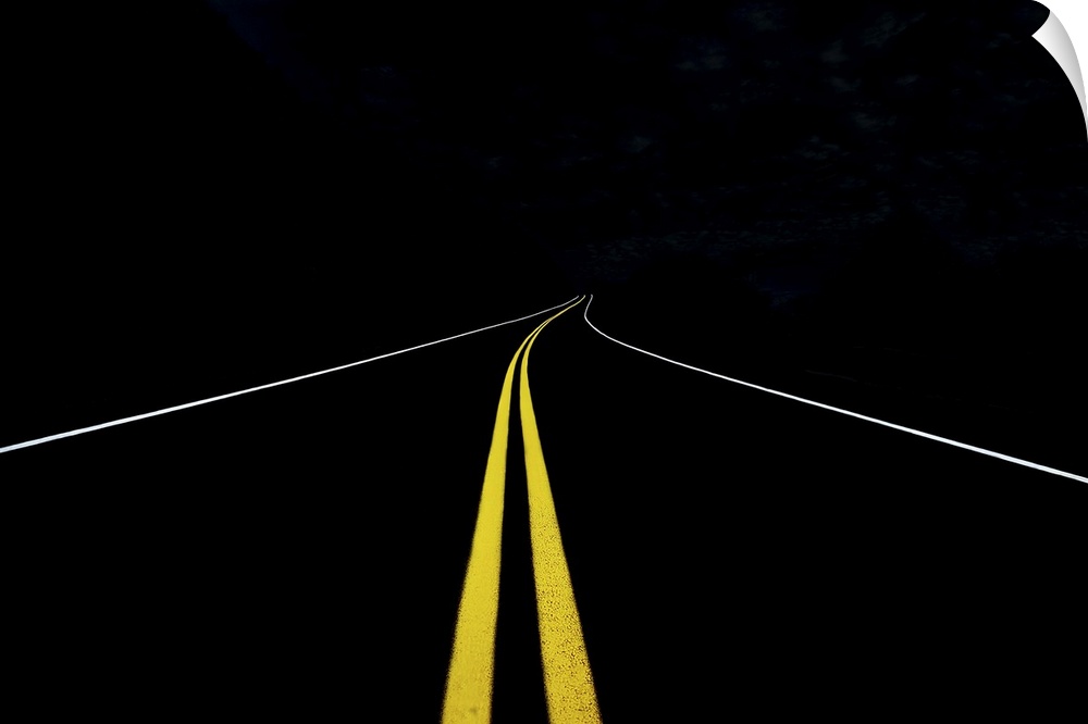 Minimalist image of a road with yellow and white traffic lines.